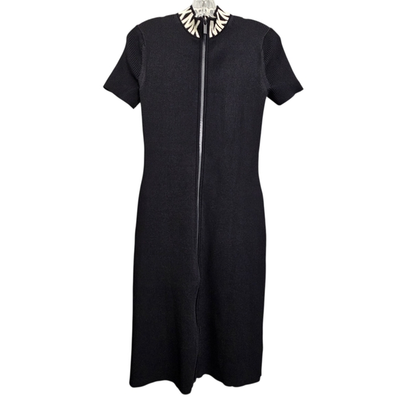 Nwot Michael Kors Black Ribbed Knit MK Logo Neckline Shortsleeve Zipfront Dress - Picture 10 of 17